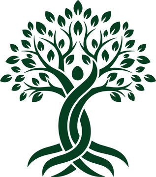 Green Tree of Life Logo Vector Illustration with Human Figure and Roots Symbol of Growth and Harmony