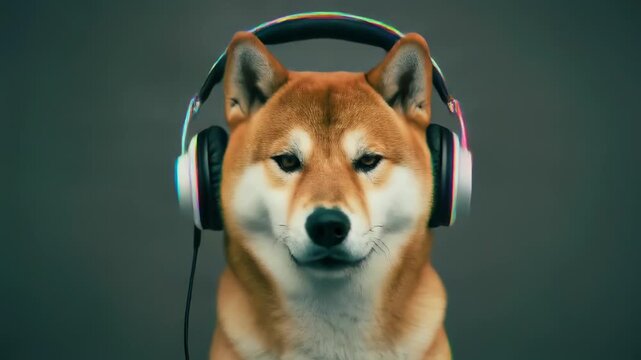 グリッチ空間でヘッドフォンをつけ音楽にノる柴犬のレトロデジタル表現