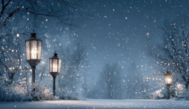 Snow-covered path illuminated by vintage lamps, twinkling lights adorn trees