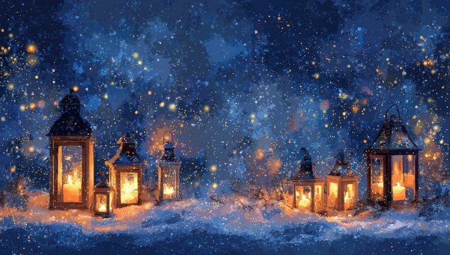Many glowing lanterns illuminate a snowy, starry, nighttime landscape