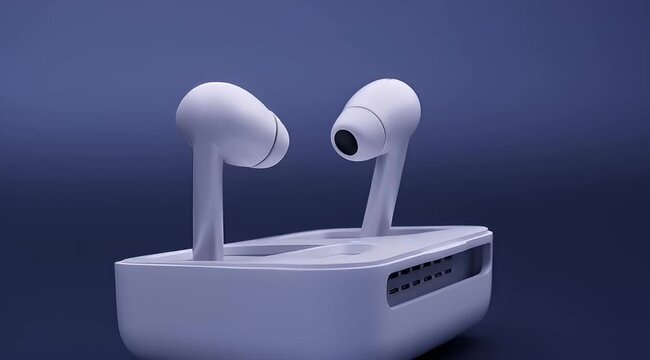 Wireless earbuds in charging case, modern white bluetooth headphones on blue background, portable audio earphones for music and calls