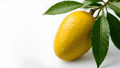 &ldquo;Ultra-realistic ripe mango with green leaves isolated on pure white background, studio lighting, water droplets, sharp focus, tropical fruit product photography, 8k, high detail, clipping path style&rdquo;
