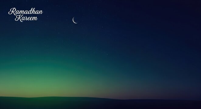 Ramadan Kareem crescent moon in a dark blue and green gradient sky over a silhouetted landscape.