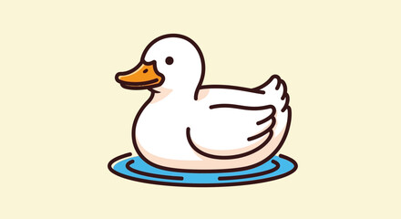 A white duck swims on a small pool of water in a sunny outdoor environment.