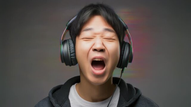 イヤホンで音楽に没入する人物の表情が変化するストップモーションと抽象ディストーション背景の感情表現