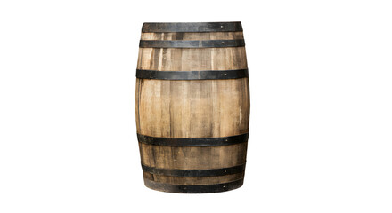Obraz premium A rustic wooden barrel with metal hoops on isolated transparent background
