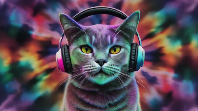 タイダイ背景でヘッドフォンをつけて音楽に没入するリアルな猫のサイケデリック表現