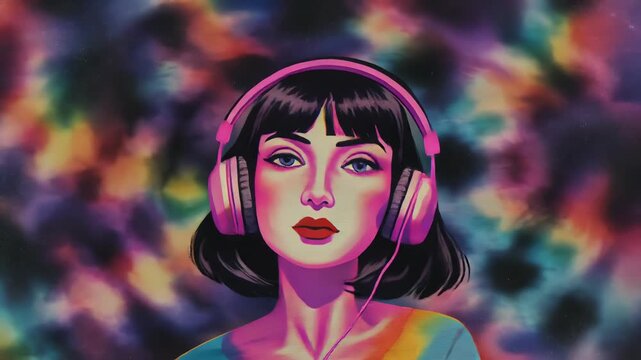 タイダイ模様のサイケデリック空間でヘッドフォン音楽に浸る中年女性のレトロストップモーション表現