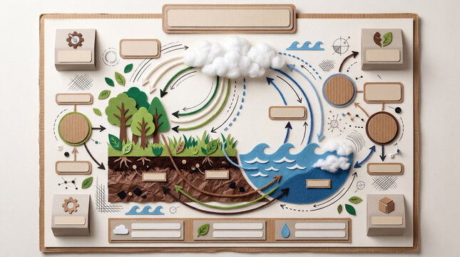 Carbon Cycle No Text Classroom Infographic Template, Handmade Mixed Media Educational Poster with Blank Labels.
