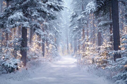 Enchanted winter forest path illuminated by soft, glowing fairy lights