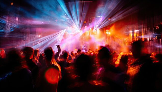 Dynamic concert with vibrant beams of light illuminating a crowd