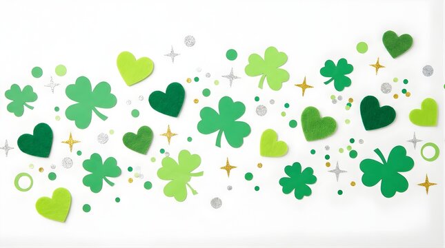 Vibrant St Patrick's Day celebration background with green hearts, shamrocks, and sparkles