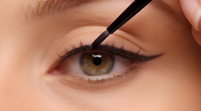 Applying liquid eyeliner with a fine brush for a beautiful eye makeup look