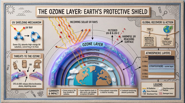 Ozone Layer Educational Poster Infographic, Handmade Atmospheric Science Classroom Board.