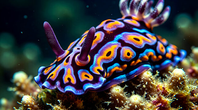 Close-Up of Colorful Nudibranch Sea Slug on Coral Surface with Vivid Purple Orange and Electric Blue Patterns Macro Underwater Photography