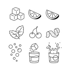 Vector outline icon set with cocktail ingredients and drink elements including ice cubes, citrus slices, mint leaves, cherries, orange peel, bubbles and splash drink illustrations. © Evgeniia Blagikh