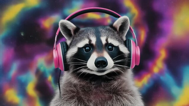 サイケデリックなタイダイ空間でヘッドフォンを楽しむアライグマのレトロポップ表現