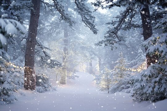 Snow-covered forest path illuminated by soft lights, with falling snow
