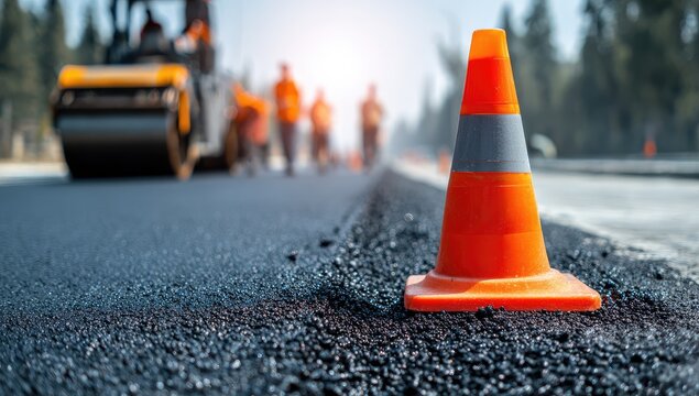 Orange traffic cone on asphalt, roadwork crew with steamroller in background