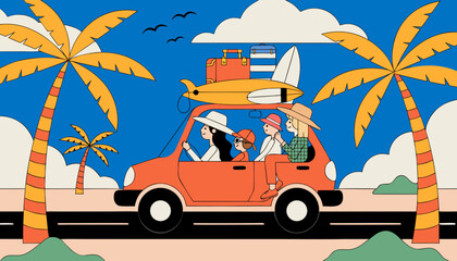 Family Road Trip in Orange Car Tropical Vector Illustration 