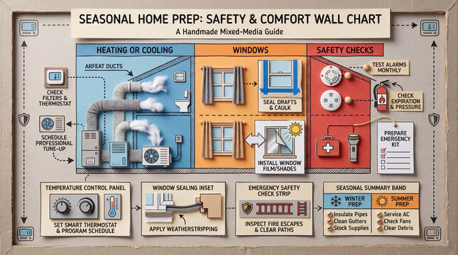 Seasonal Home Preparation Educational Poster, Handmade Mixed Media Safety and Comfort Wall Chart.