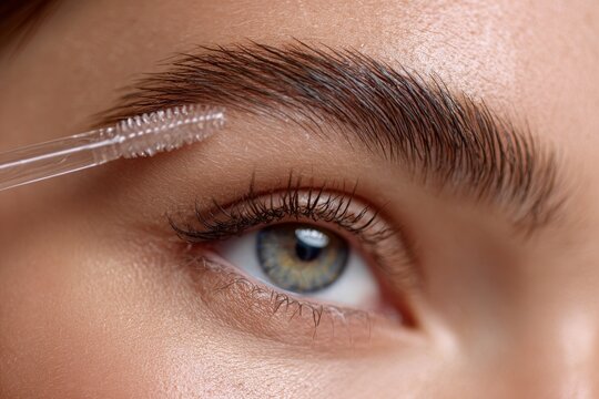 Extreme close up of a woman applying transparent brow gel with a spoolie brush