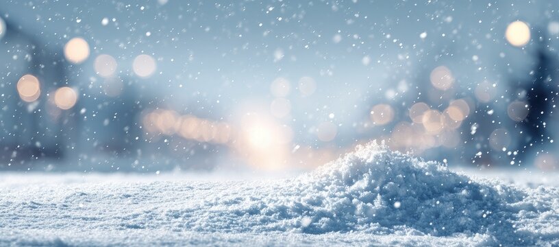Snowy winter scene with soft bokeh lights and gentle snowfall