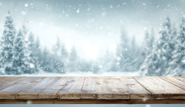 Rustic wooden table in a snowy forest with falling snowflakes (1)