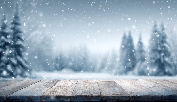 A wooden surface in a soft-focus winter forest with falling snow