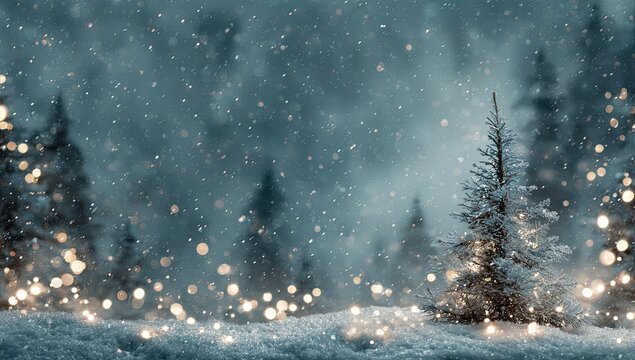 Enchanting snowy forest scene with glowing lights and falling snow