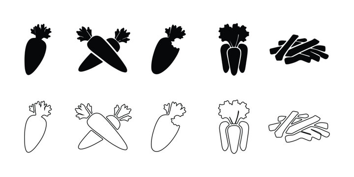 Carrot vegetable icon set with silhouette solid and outline styles isolated