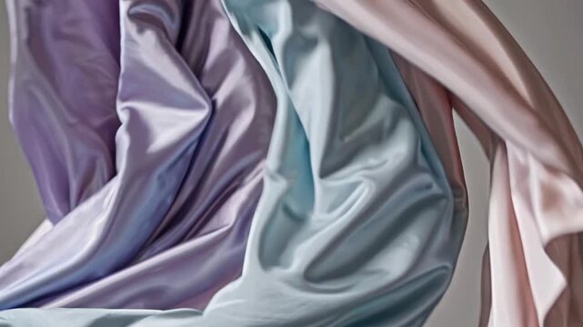 Elegant Satin Textiles In Motion. Textile Artist Arranging Flowing Satin Under Gentle Studio Lighting. Fashion Stylist Captures Serene Blue And Pink Satin Drapes With Glossy Accents In Slow Motion