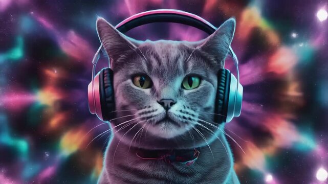 タイダイ背景でヘッドフォンをつけ音楽に浸る猫のサイケデリックレトロ世界