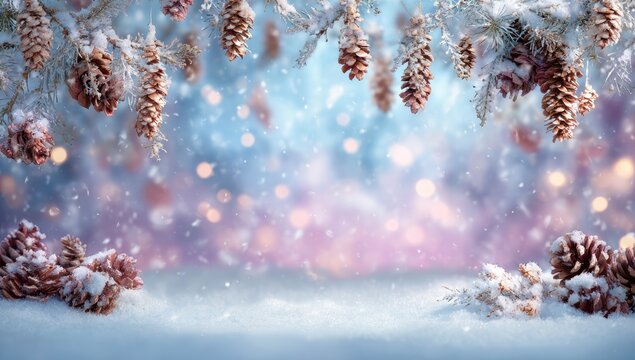 Snow-covered pine cones hang from branches, with soft bokeh lights in background