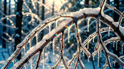 Fototapeta premium Ice Storm Aftermath with Every Tree Branch and Surface Coated in Thick Clear Ice Glaze Winter Forest Cold Blue-White Light Prismatic Rainbow