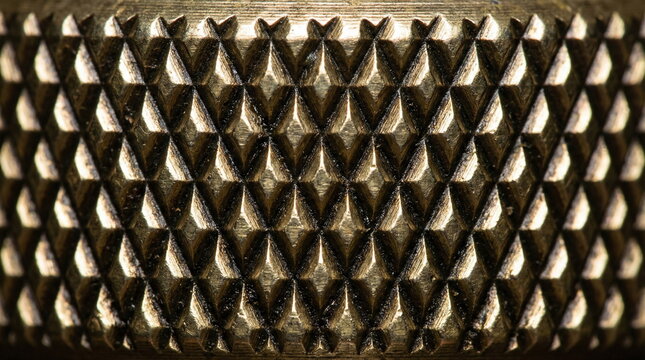 Macro shot of a textured brass surface with a diamond knurling pattern and metallic reflections
