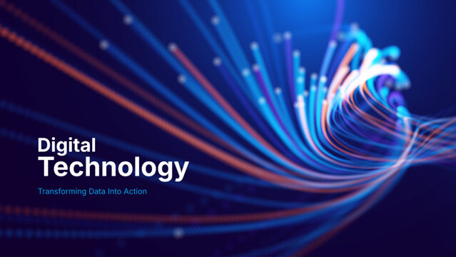 Technology Big Data Flow Background with AI Particles and Fiber Optics Digital Stream Lines. Fast Speed Broadband Internet Concept. Tech Business Presentation Template. Vector Illustration.