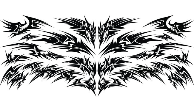 Intricate black tribal tattoo design on white background with sharp lines and abstract patterns
