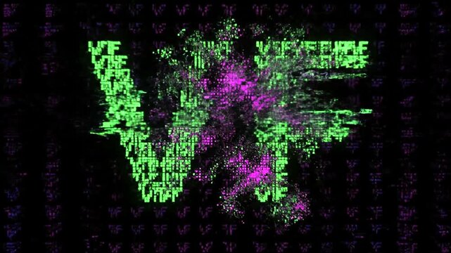 Abstract Glitch Effect with Green and Purple Particles.
