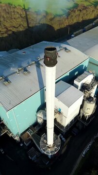 High-altitude aerial shot of the Elean Power Station, highlighting the complex infrastructure used to convert agricultural waste into renewable energy.