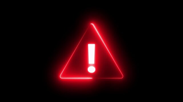 Red flat exclamation mark warning icon on black background, simple minimalist caution triangle, clean emergency alert symbol for web and interface.