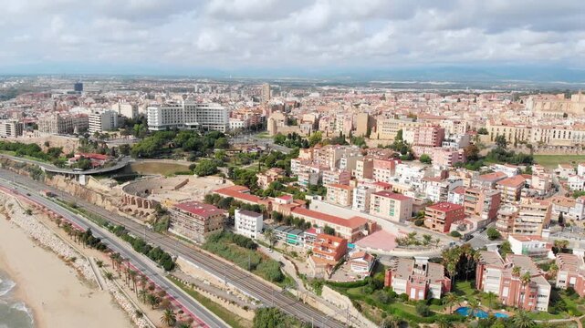 Aerial: Tarragona city in Catalonia by the coast