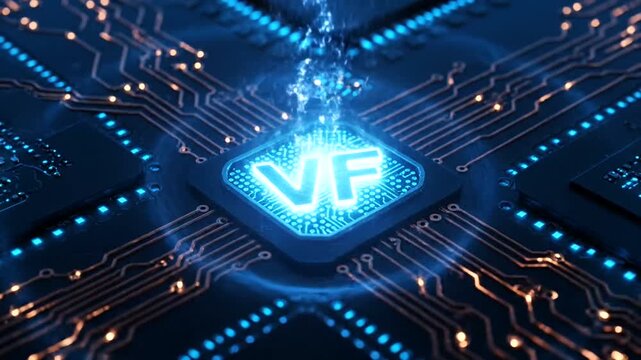 Futuristic VF Chip on Circuit Board with Blue Lights.