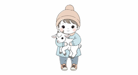 Obraz premium A cartoon child wearing a beige hat and blue coat holds a white lamb in a cute, pastel-colored illustration with a soft and gentle mood against a clean white background.