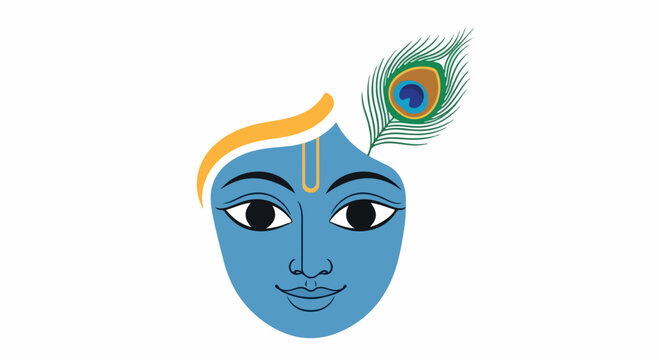 Illustration of a blue Krishna face with a peacock feather and yellow mark on forehead against a plain white background.