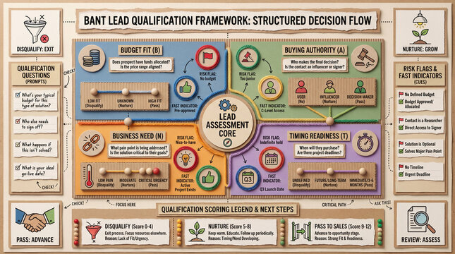 BANT Lead Qualification Educational Poster Infographic for Budget Authority Need and Timing.