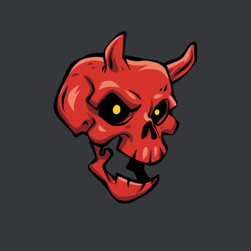 Horned Red Demon Skull Cartoon Vector Illustration