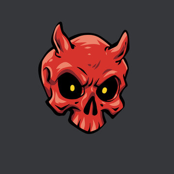 Horned Red Demon Skull Cartoon Vector Illustration