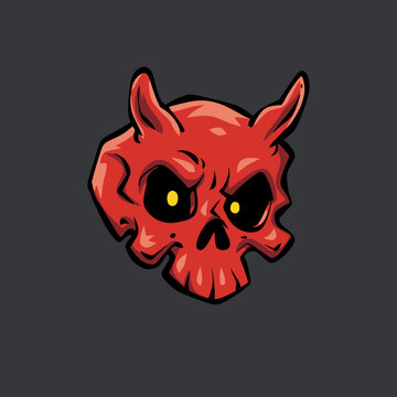 Horned Red Demon Skull Cartoon Vector Illustration