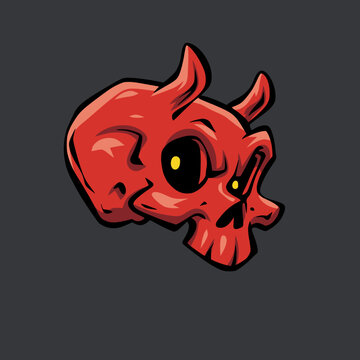 Horned Red Demon Skull Cartoon Vector Illustration